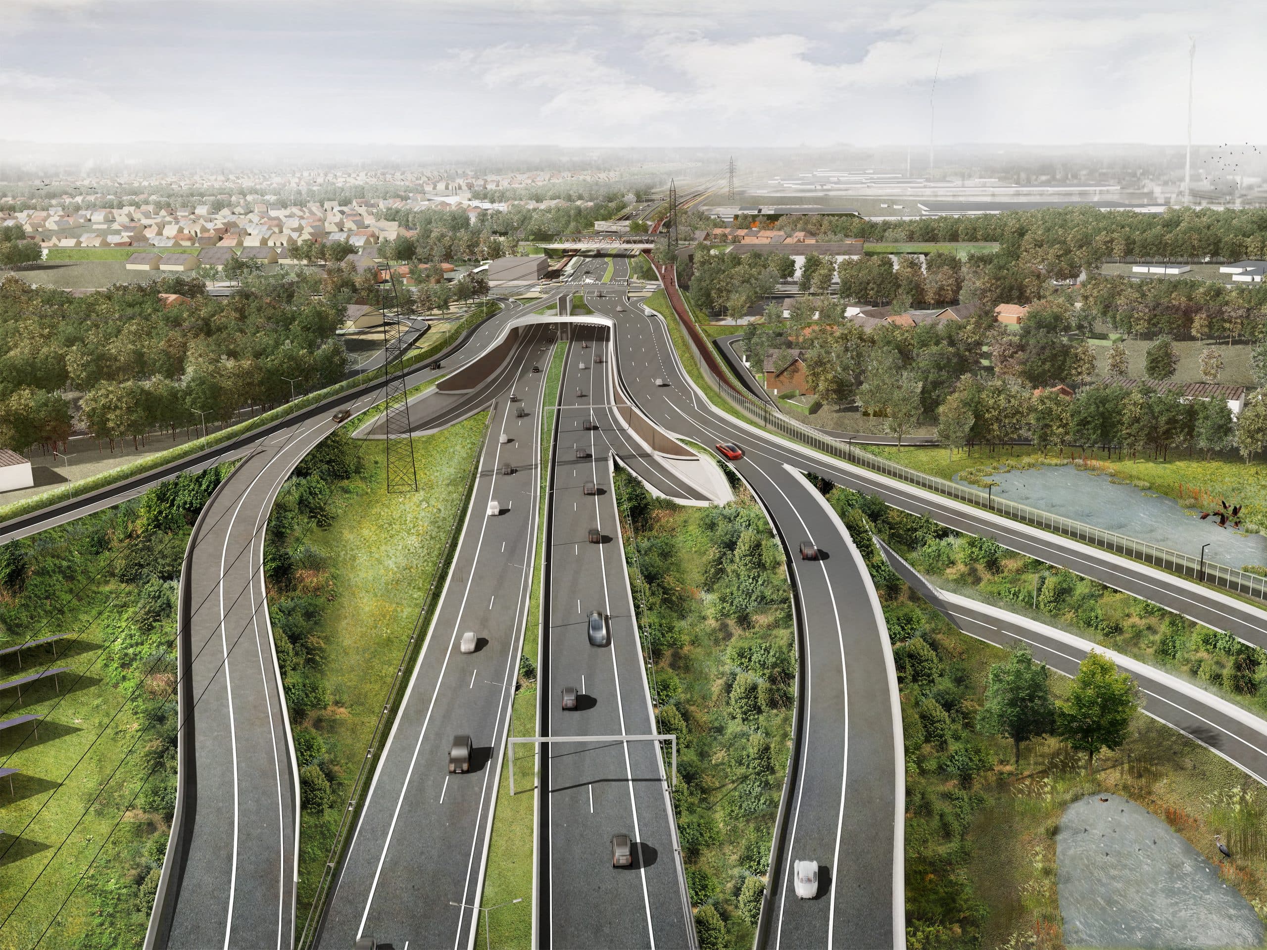 Luchtrender van het geoptimaliseerde verkeersknooppunt W9 bij Gent, landschappelijk ingepast met groene taluds