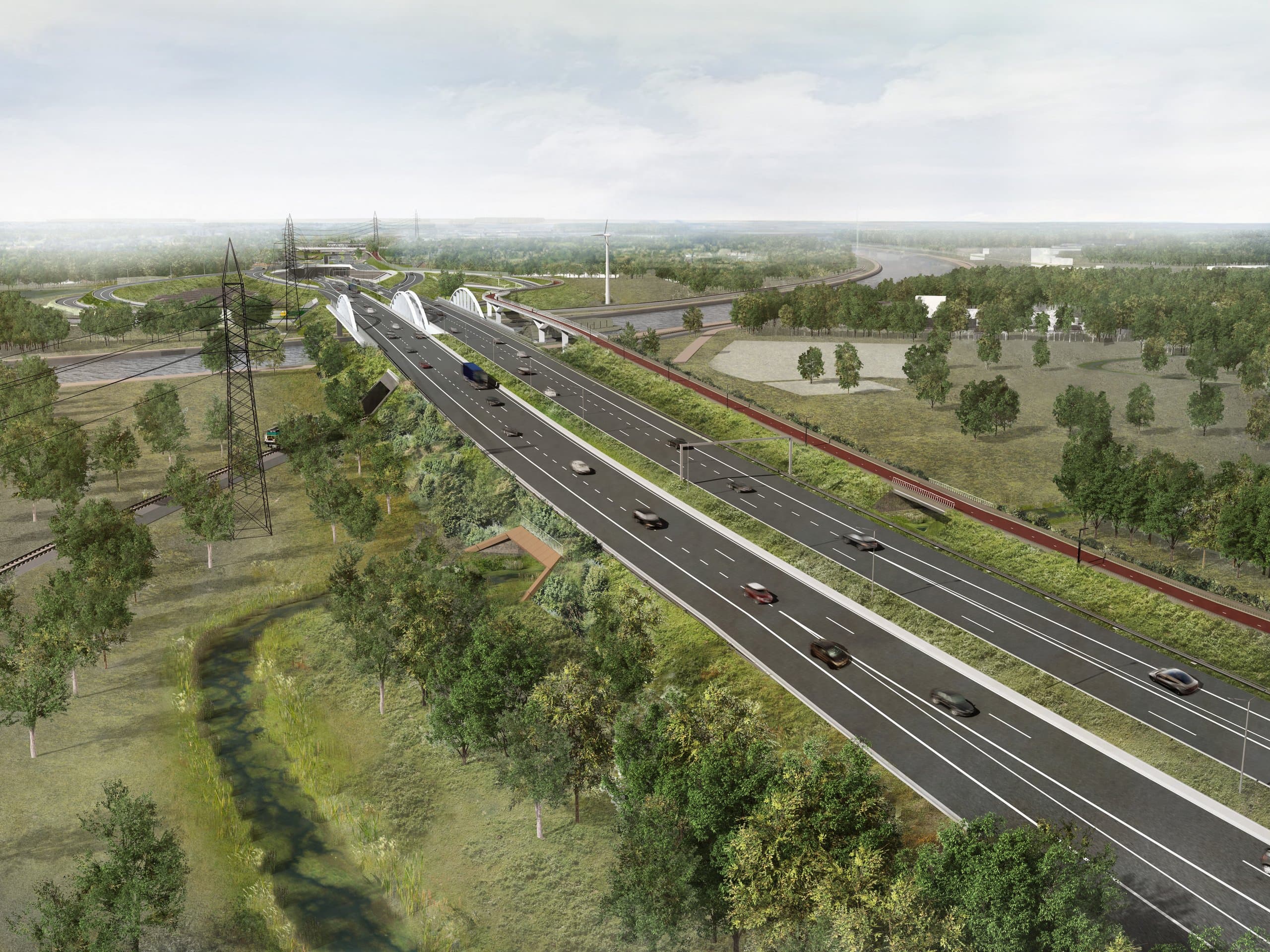 Vogelvlucht van de R4 met de boogbruggen, windturbine en het kanaal