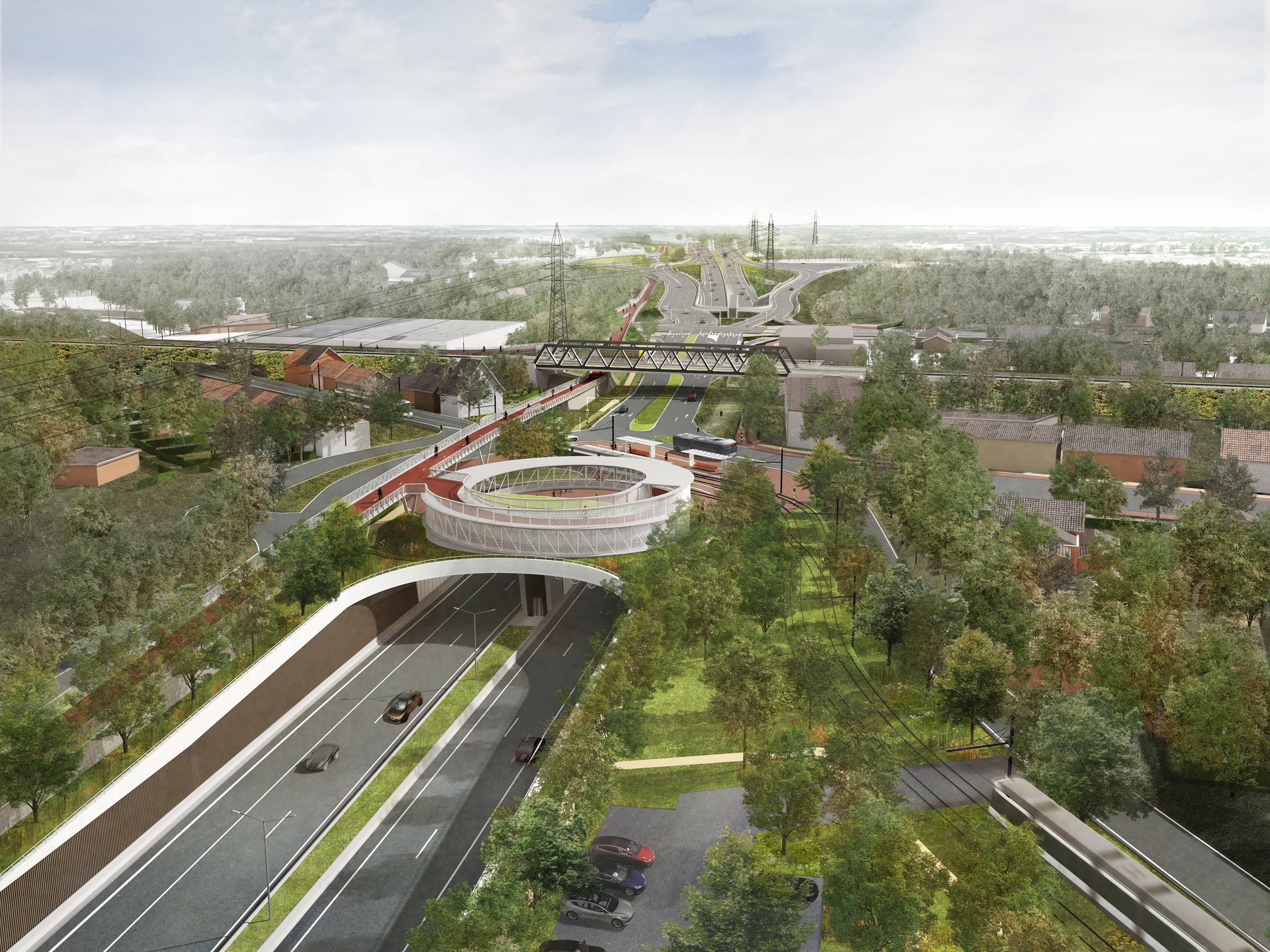 Vogelvlucht van het ronde fietsrondpunt boven de tunnelmond, met vakwerkbrug en tramhalte