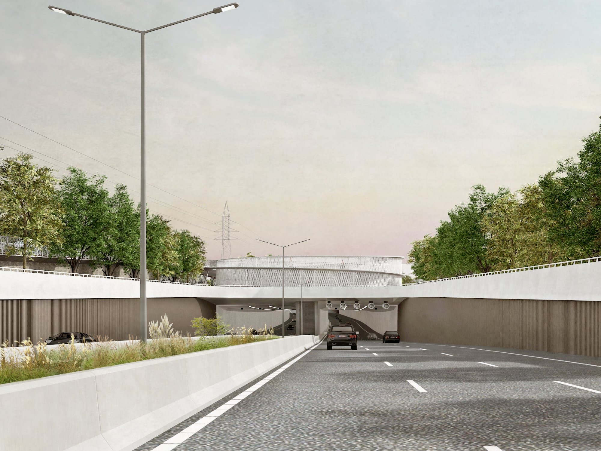 De verdiepte R4 richting de onderdoorgang, met het fietsrondpunt en tunnelventilatoren boven de rijbaan
