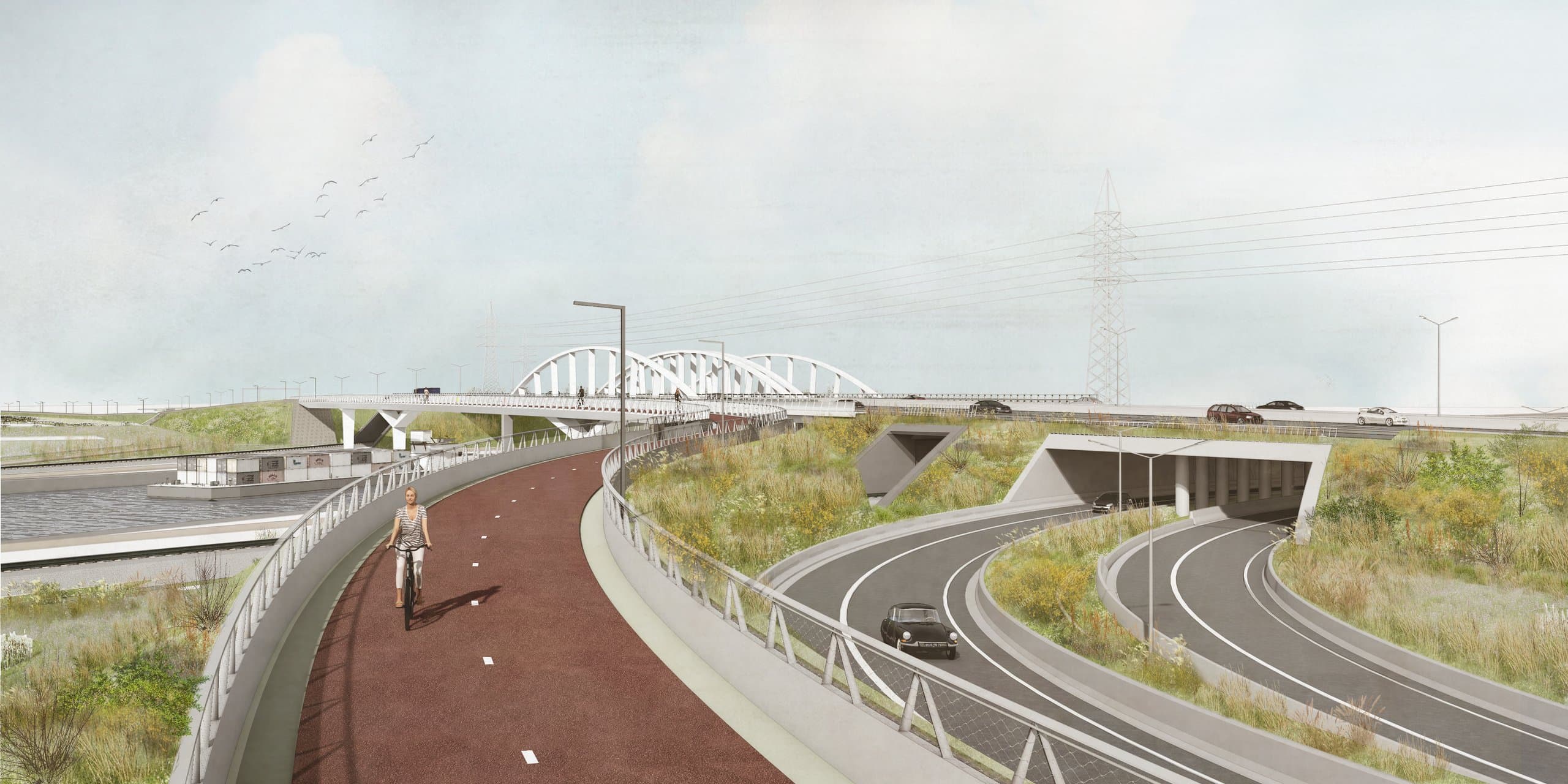 Fietser op de rode fietssnelweg langs de verdiepte R4, met de boogbruggen op de achtergrond
