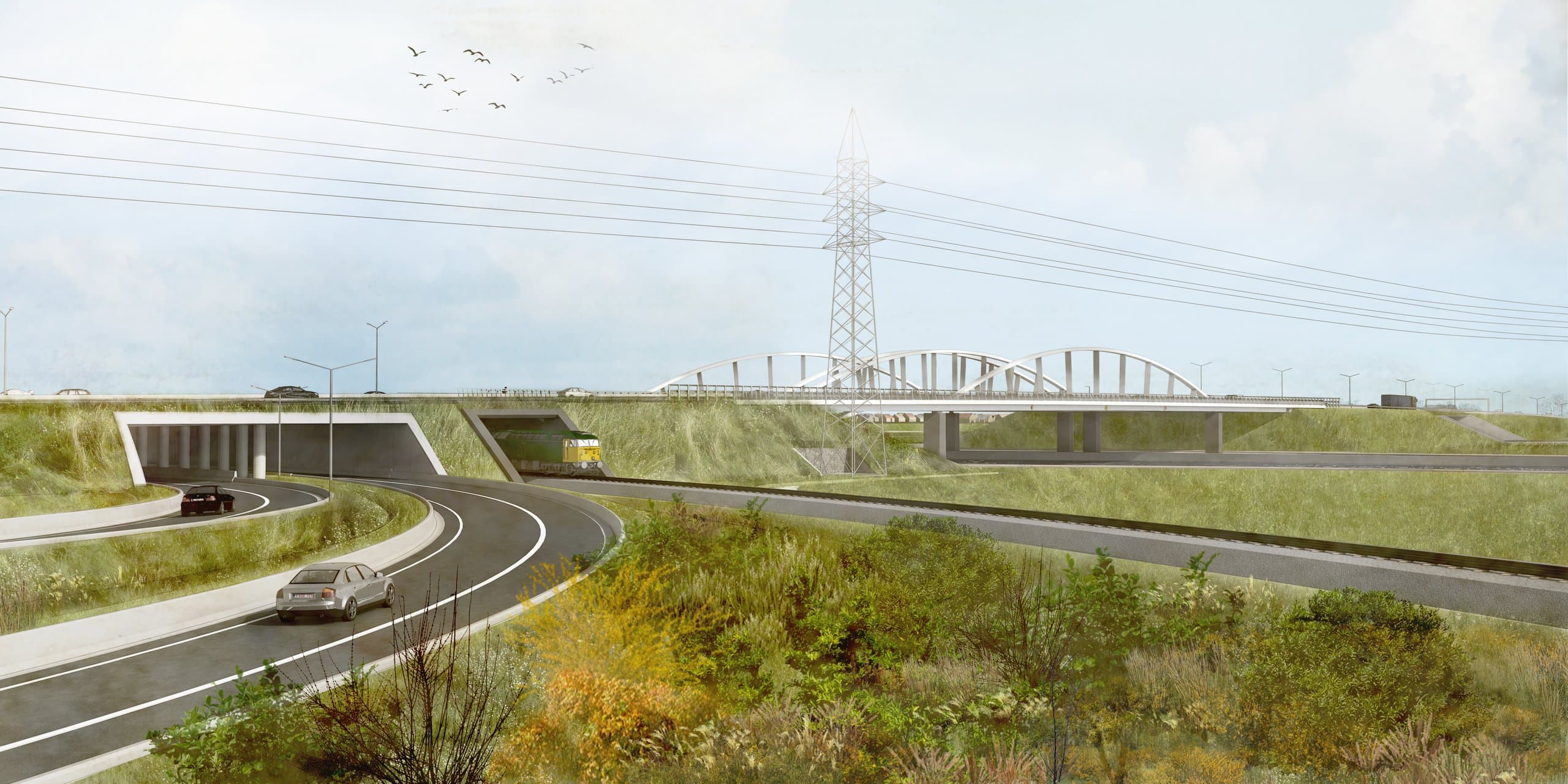 De boogbruggen over de R4 met een passerende trein en de tunnelmonden in het groene talud