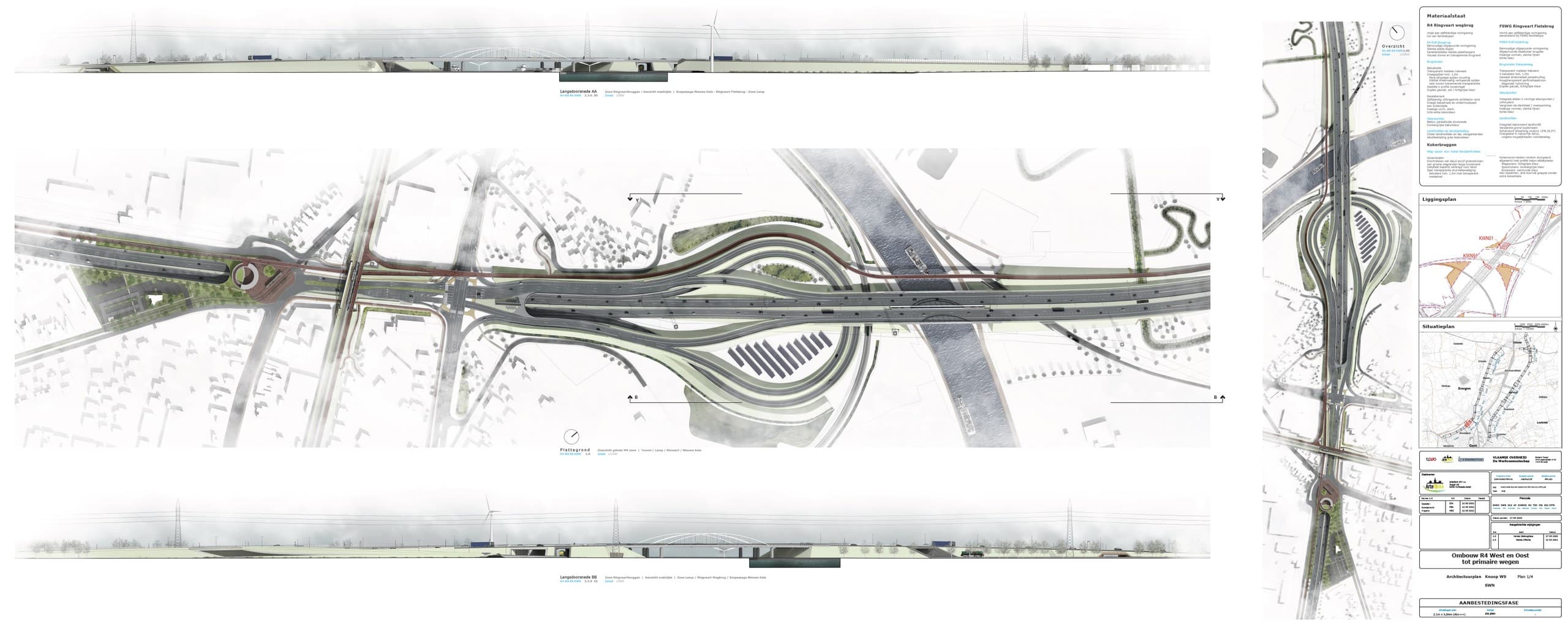 Wedstrijdblad met de plattegrond van knoop W9, de aansluitende rotonde en een langsdoorsnede over het tracé