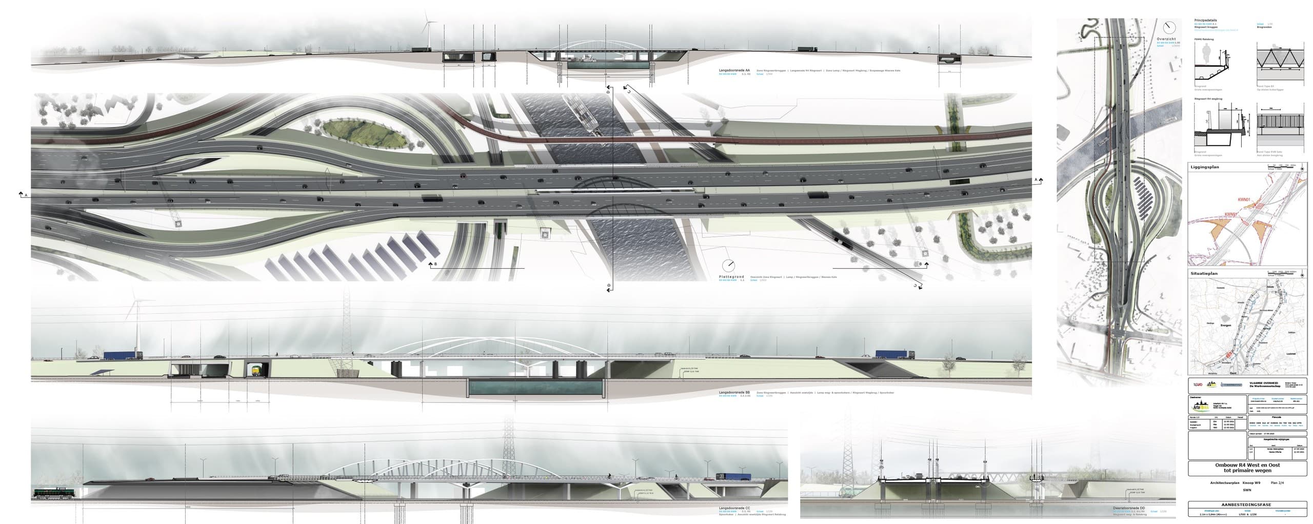 Wedstrijdblad met het overdekte tracé in plattegrond, met doorsneden en aanzichten van de tunnelzone