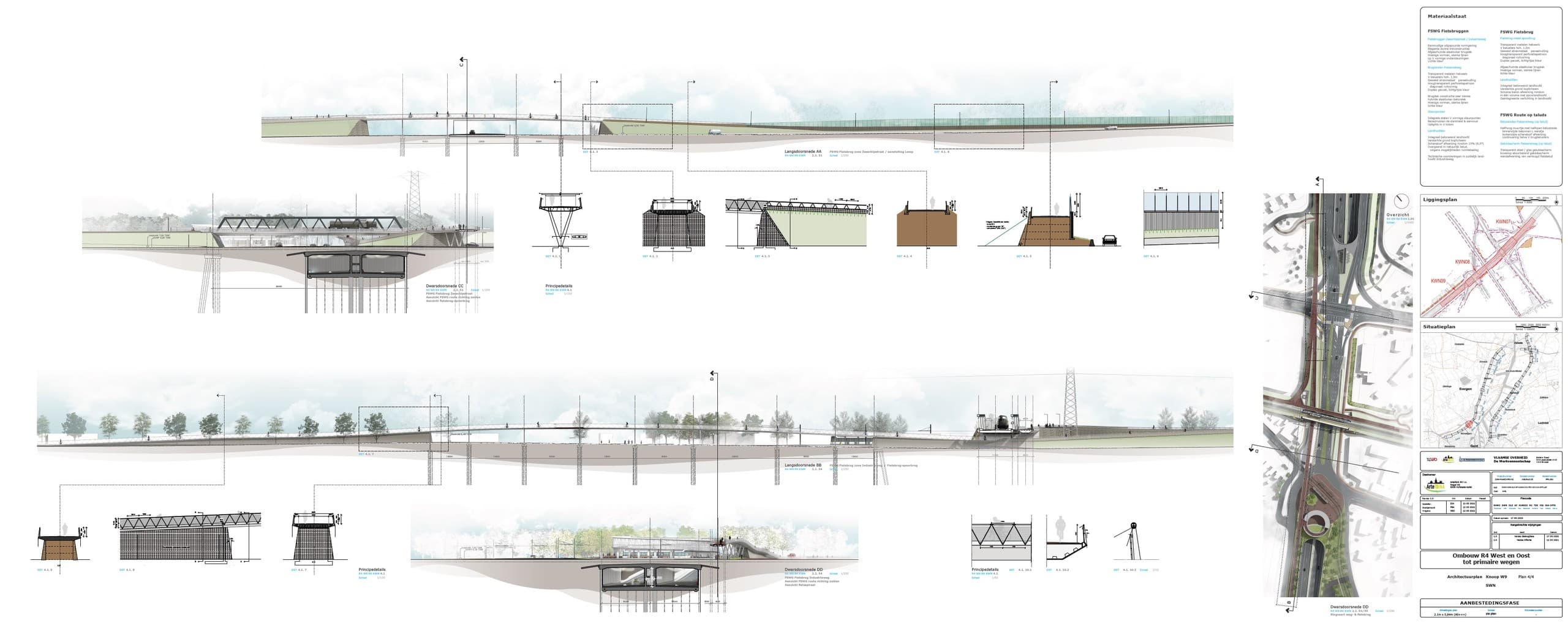 Wedstrijdblad met landschappelijke aanzichten over de volle lengte en detailstudies van de kunstwerken