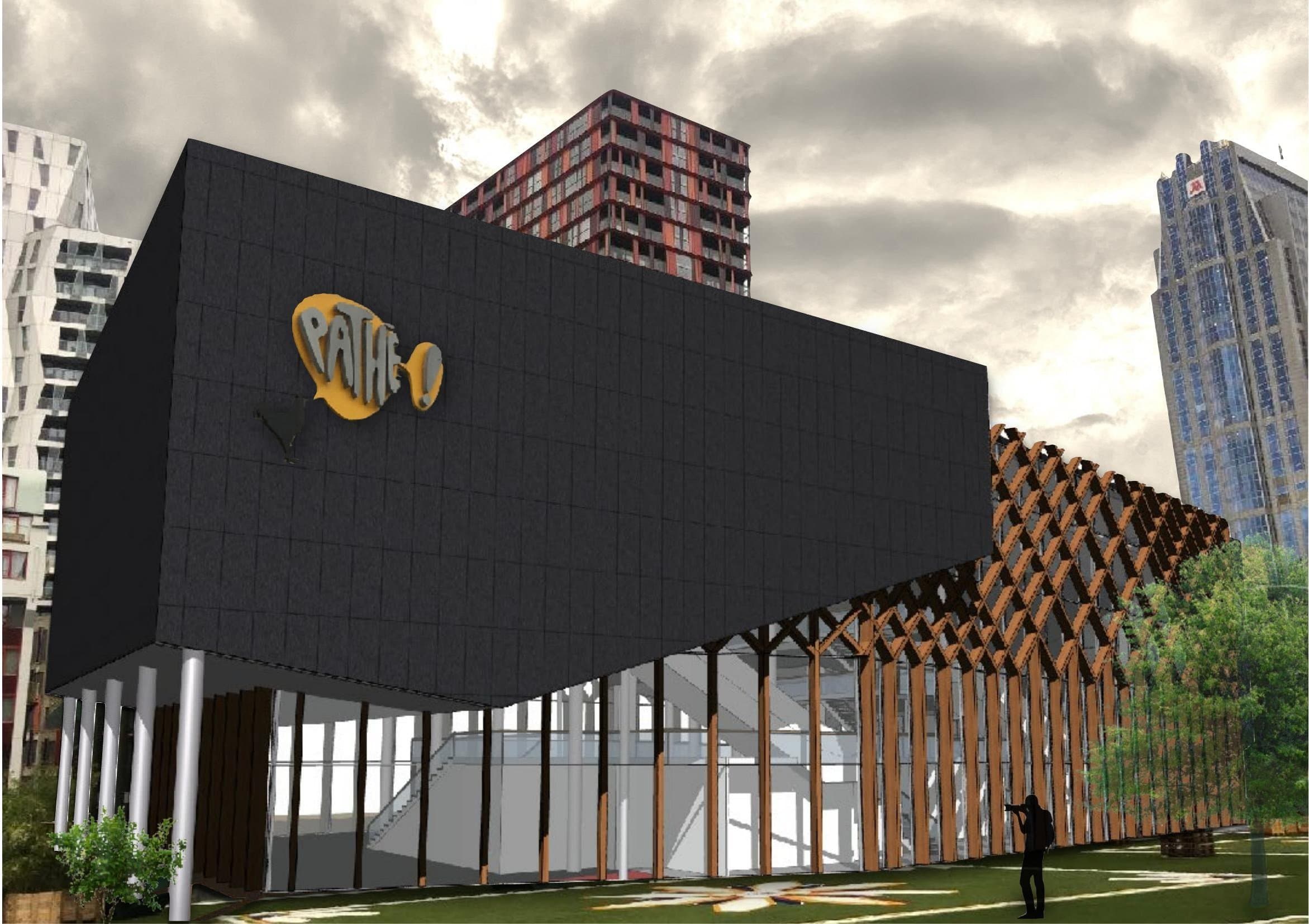 3D-beeld van de verduurzaamde Pathé-bioscoop aan het Schouwburgplein: zwevend zwart volume boven de glazen foyer, met het hergebruikte houten lamellenraster langs de gevel