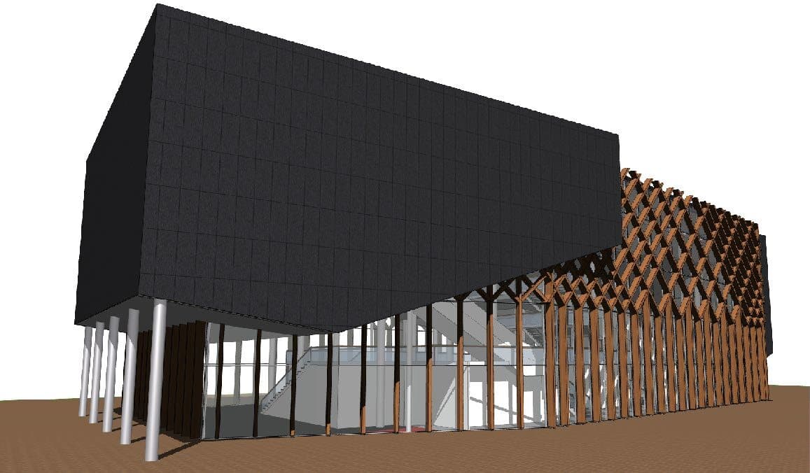 Maquette van het verduurzaamde bioscoopgebouw met hergebruikte houten lamellen langs de gevel