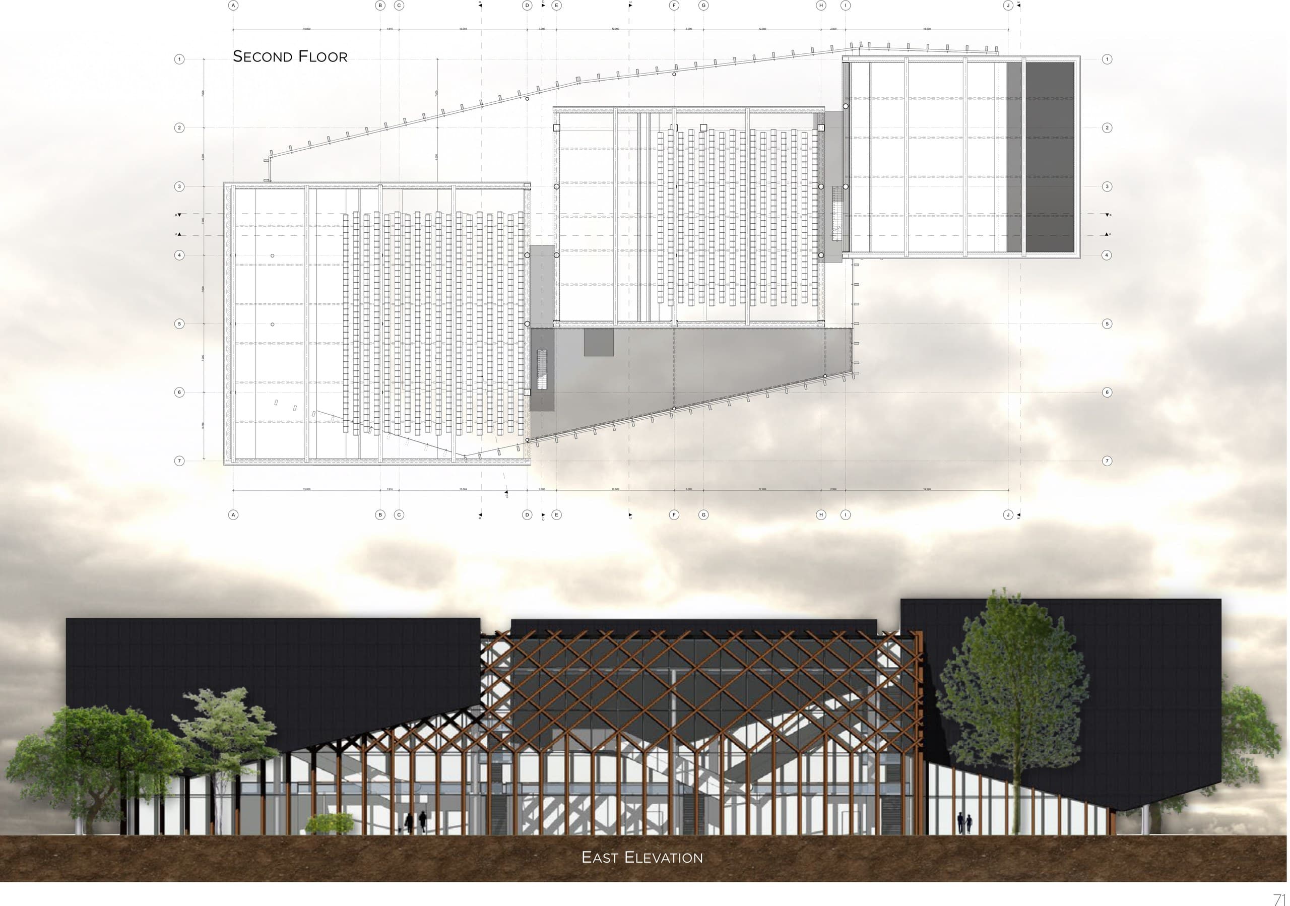 Plattegrond tweede verdieping en oostgevel met houten lamellenstructuur