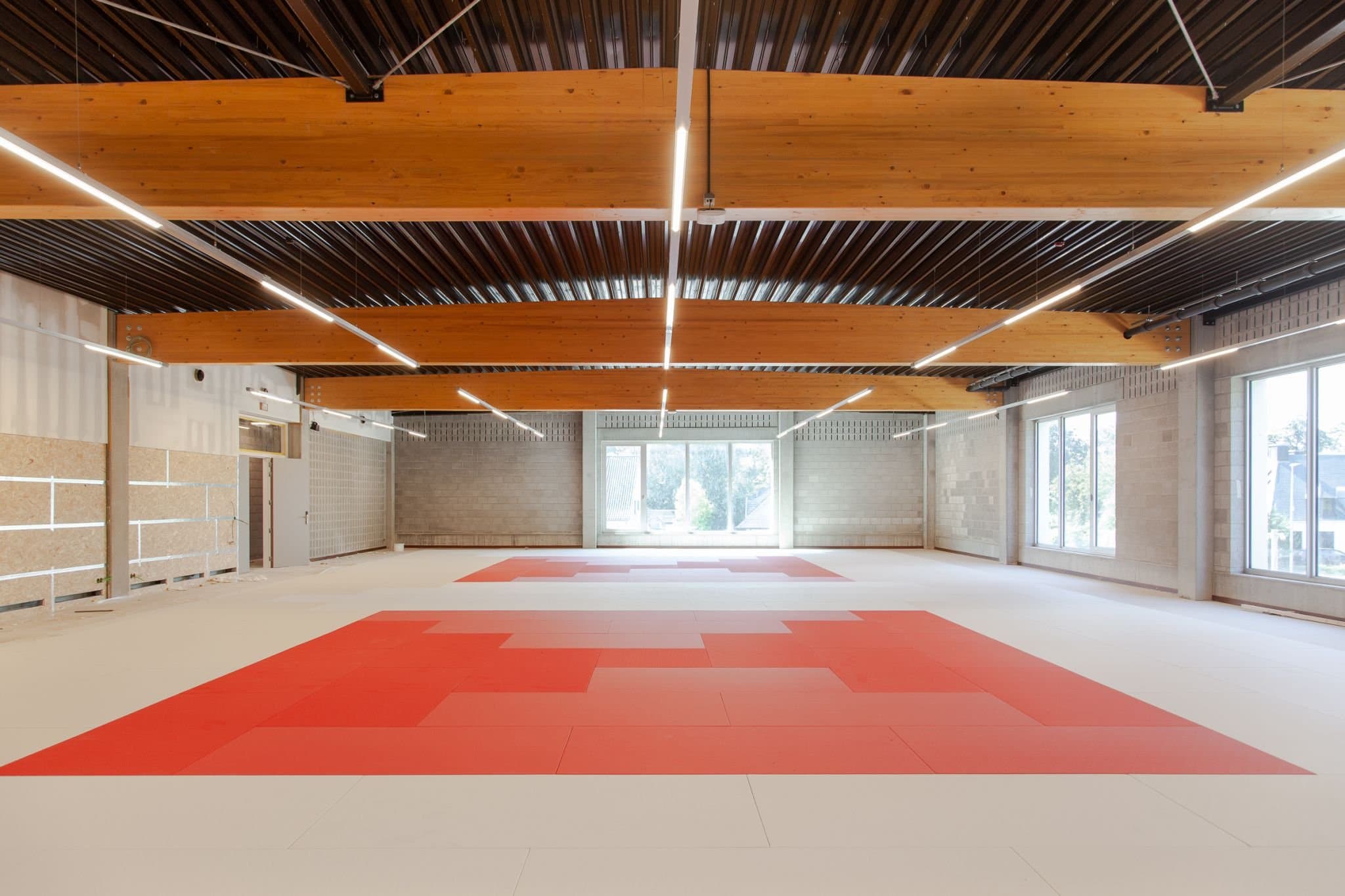 De dojo met rode mat, houten lattenplafond en daglicht van twee zijden