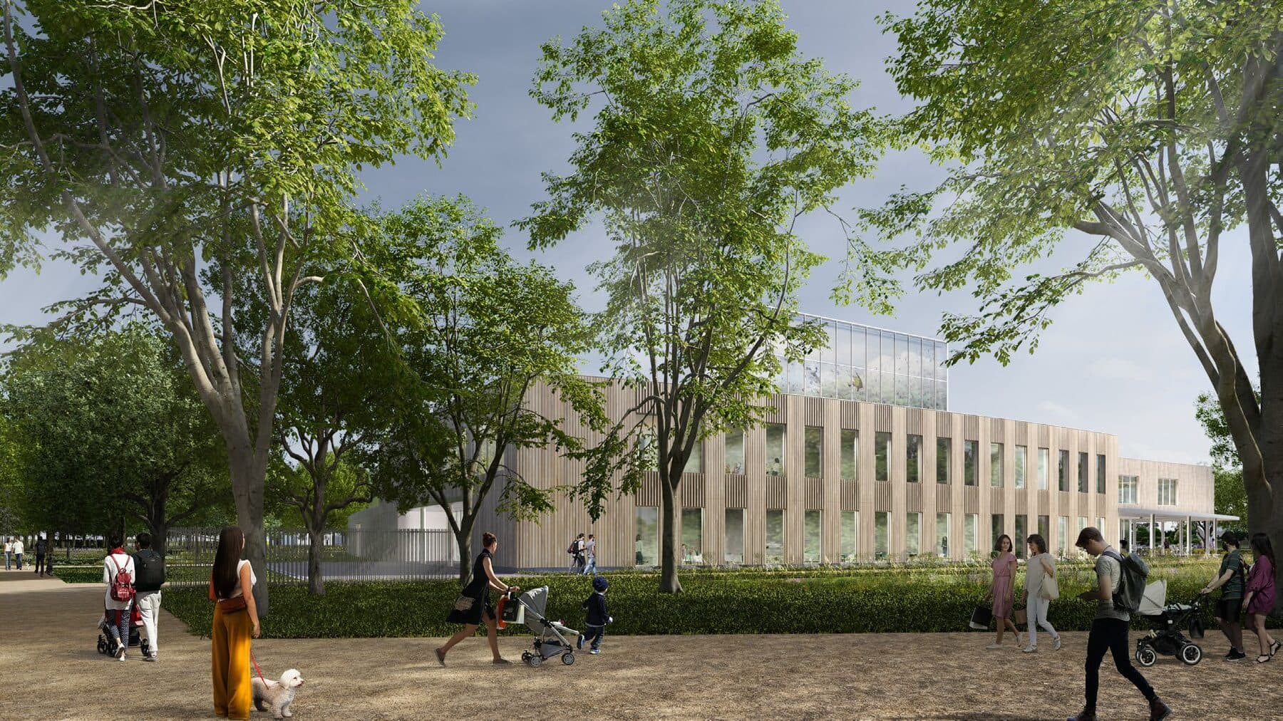 Render van het sportcomplex gezien vanuit het park, met spelende kinderen op de voorgrond
