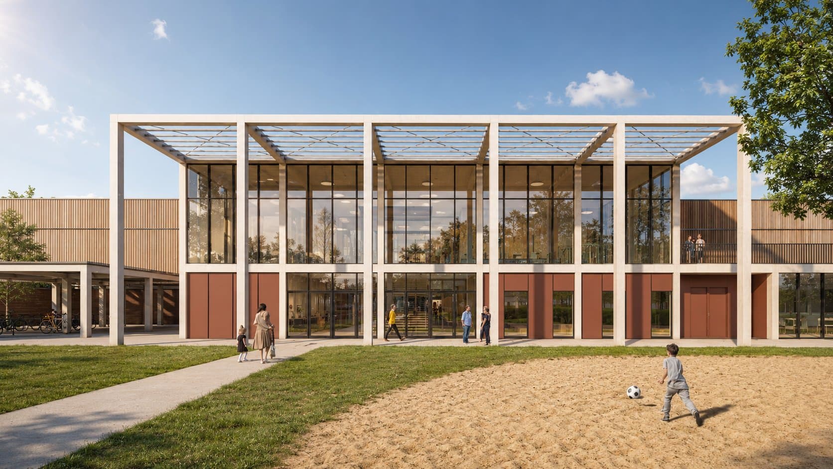 Fotorealistische render van de hoofdentree: glazen foyer onder een betonnen pergola met rode paneelvlakken en spelende kinderen op het voorplein
