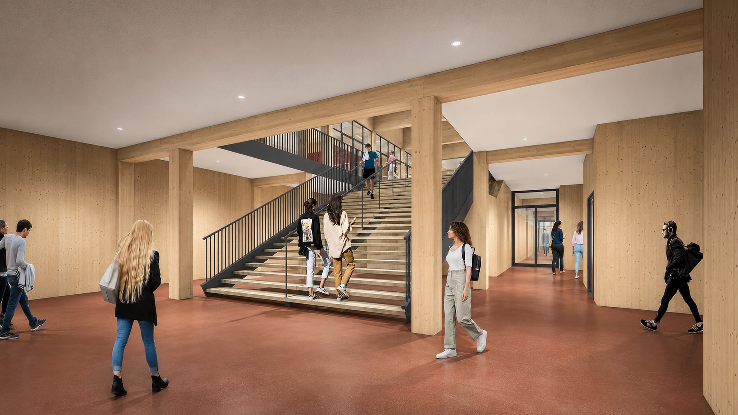 Centrale houten trap in de foyer met rode gietvloer en bezoekers