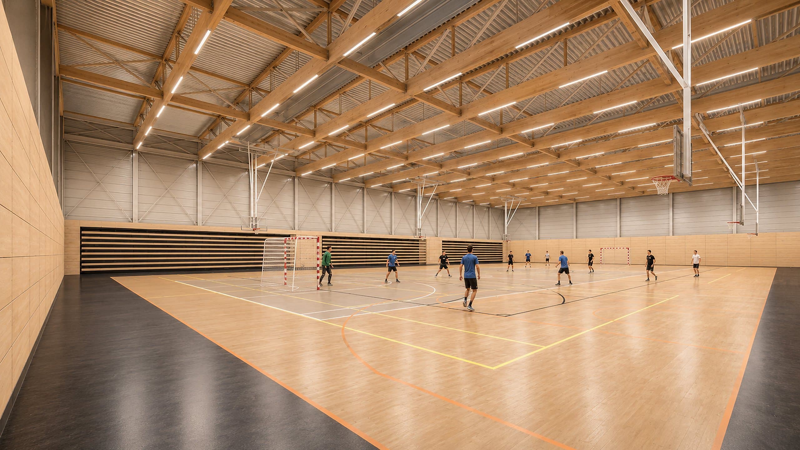 De sporthal met ingeschoven telescopische tribunes langs de wand en spelers op het veld
