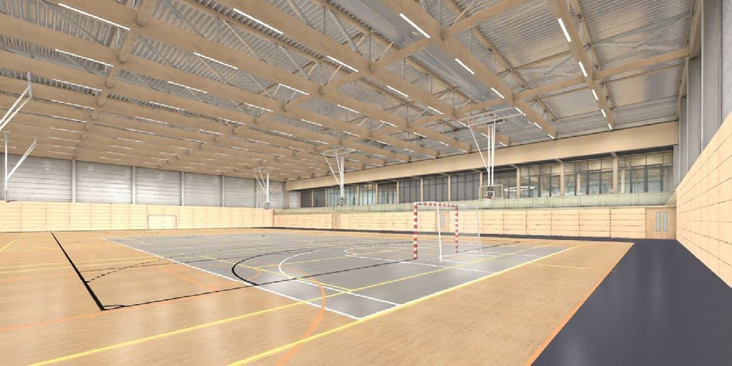 Interieurrender van de grote sporthal met houten spanten en daglicht