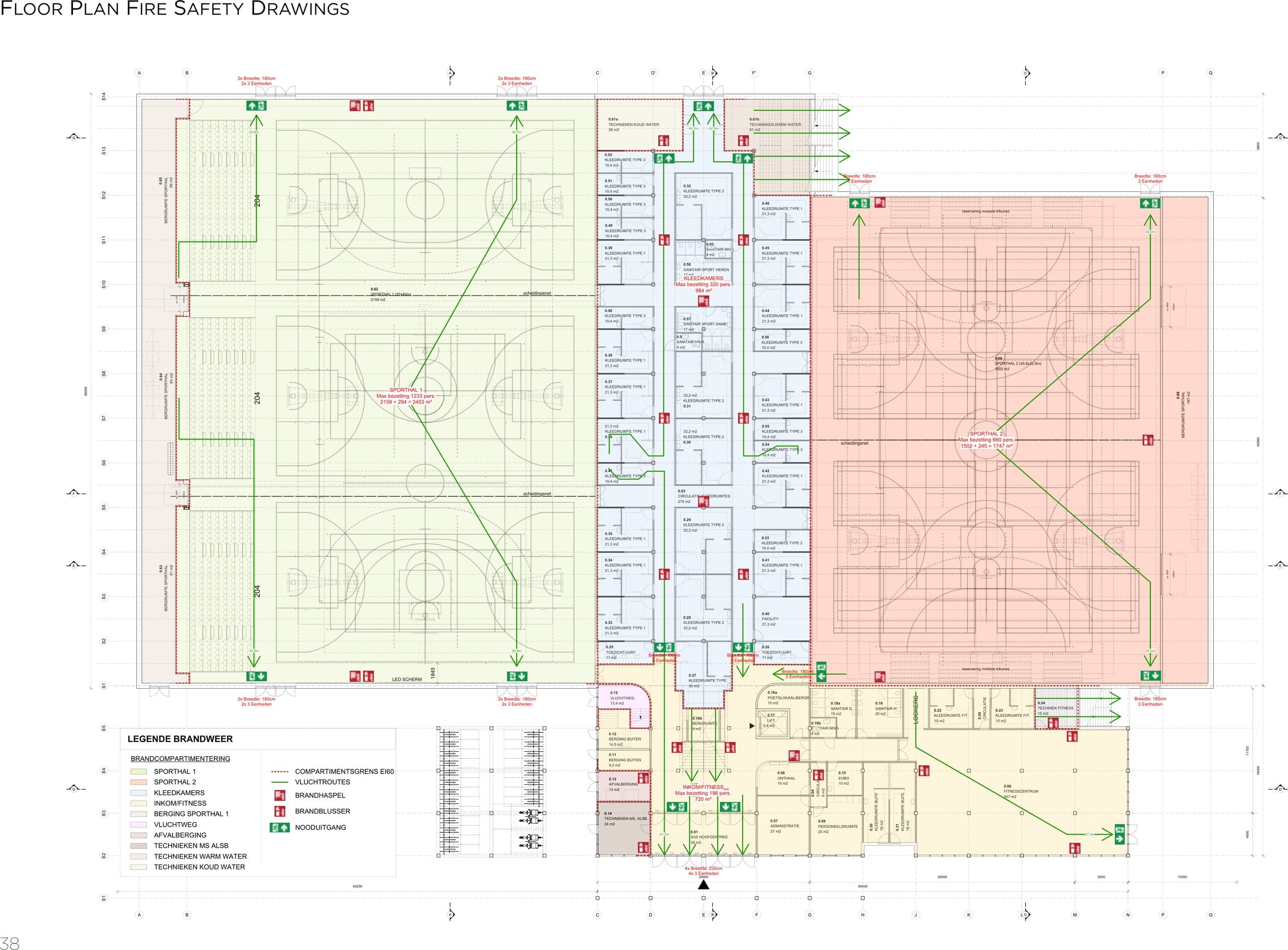 Brandveiligheidsplattegrond met compartimentering en vluchtroutes