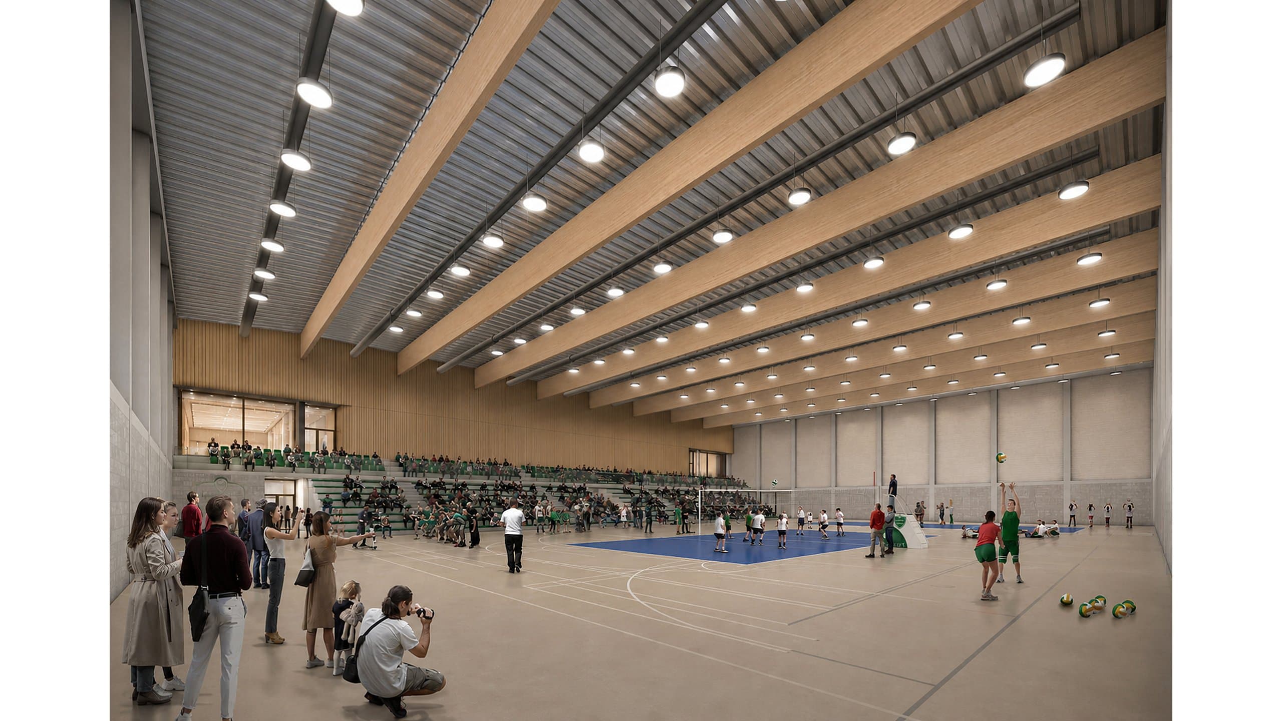 Interieur van de sporthal met houten spanten, tribunes en sportende kinderen op het veld