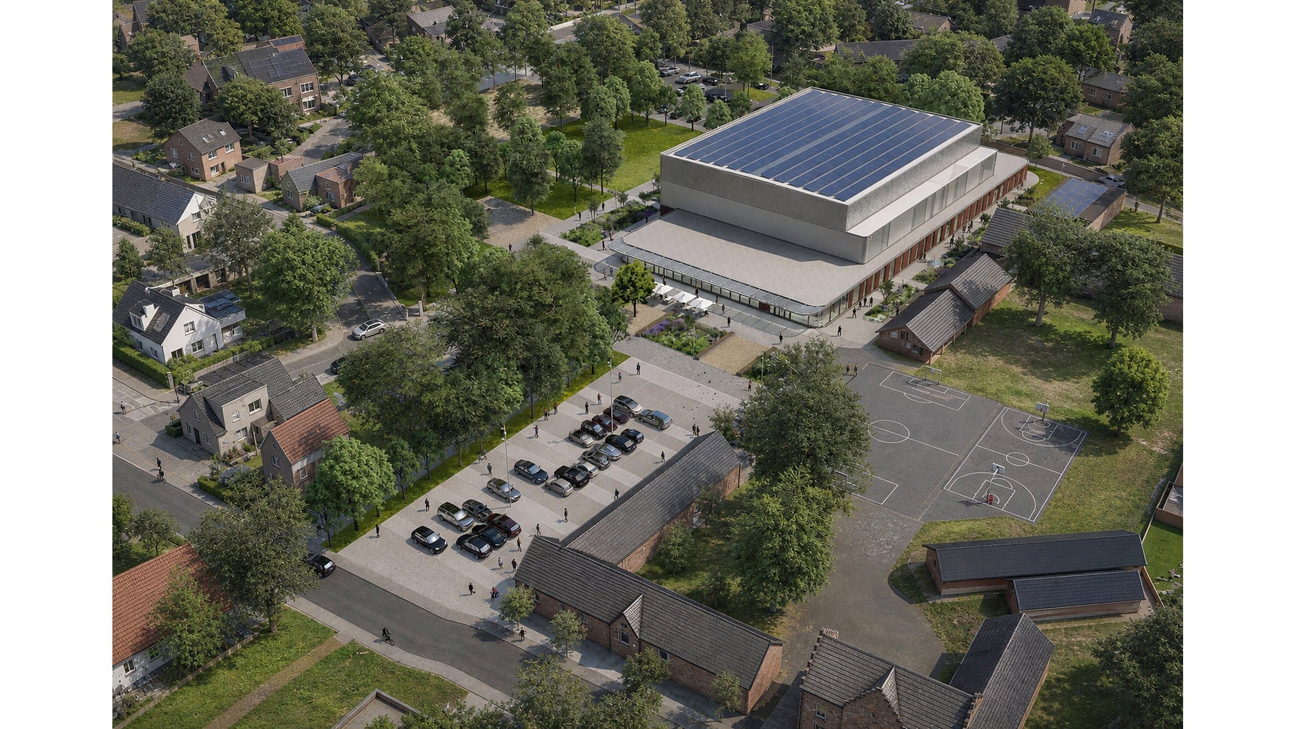 Luchtbeeld van sporthal De Koekoek met zonnepanelendak, ingepast tussen de huizen en het groen van Hamont-Achel