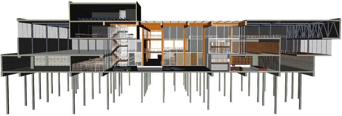 Doorsnede van het architectuurinstituut met gestapelde volumes rond een centraal atrium