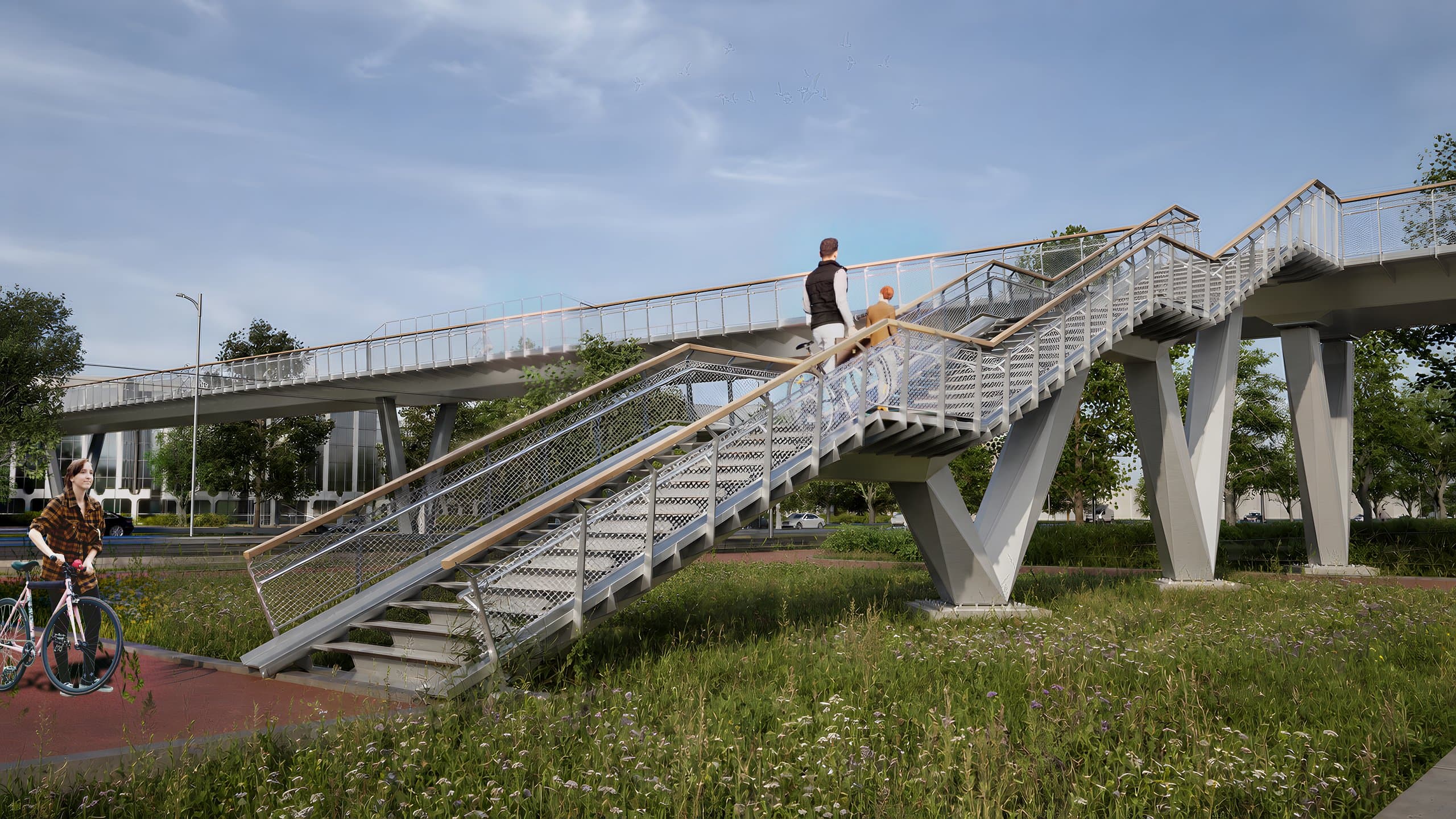 Render van de stalen fietsbrug bij de A201: trappen naar het brugdek op V-vormige kolommen, met fietsers en bloemrijke bermen op de voorgrond