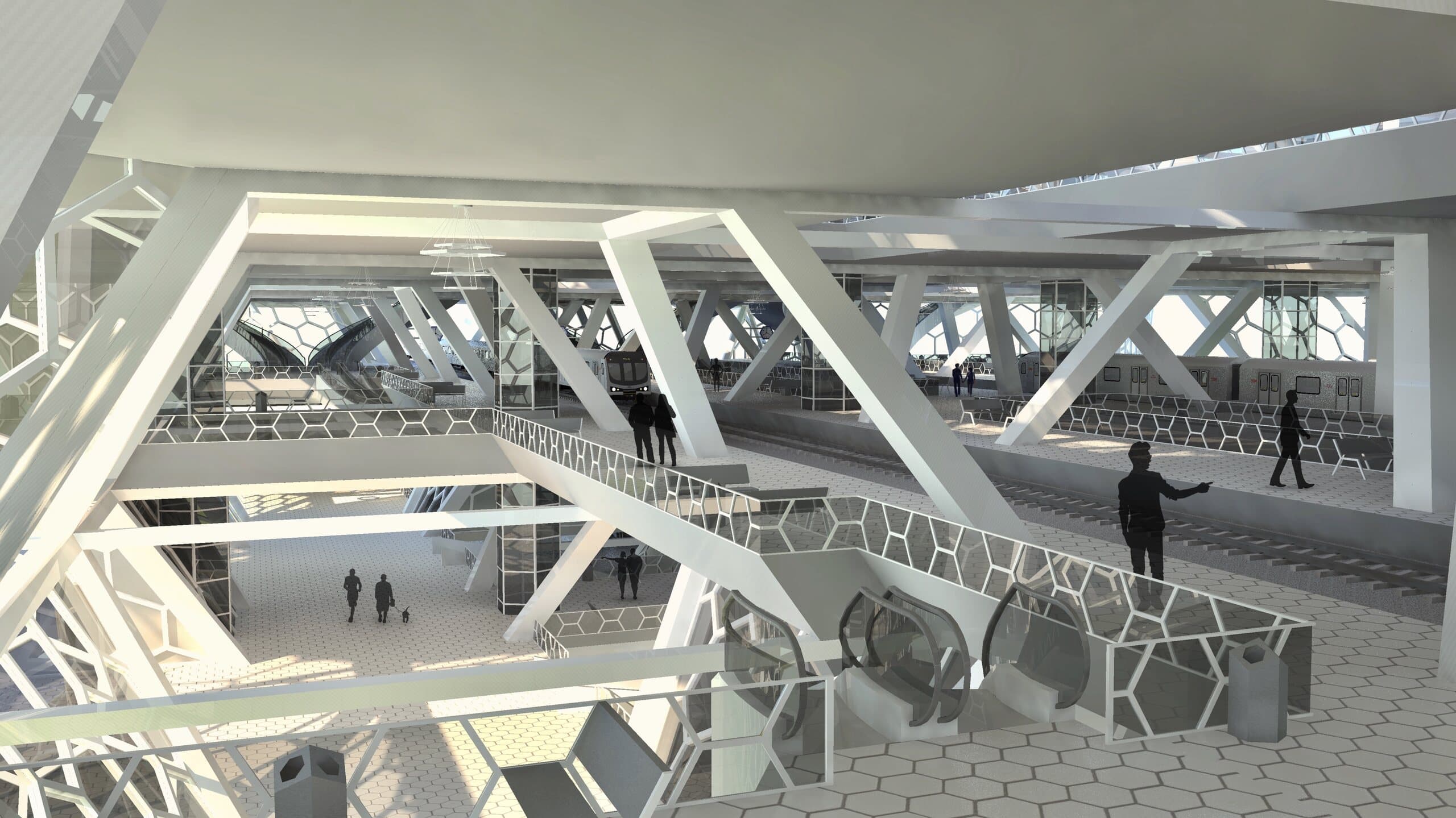 Interieurrender van het HyperHub-station met hexagonaal wit ruimtevakwerk boven de stationshal