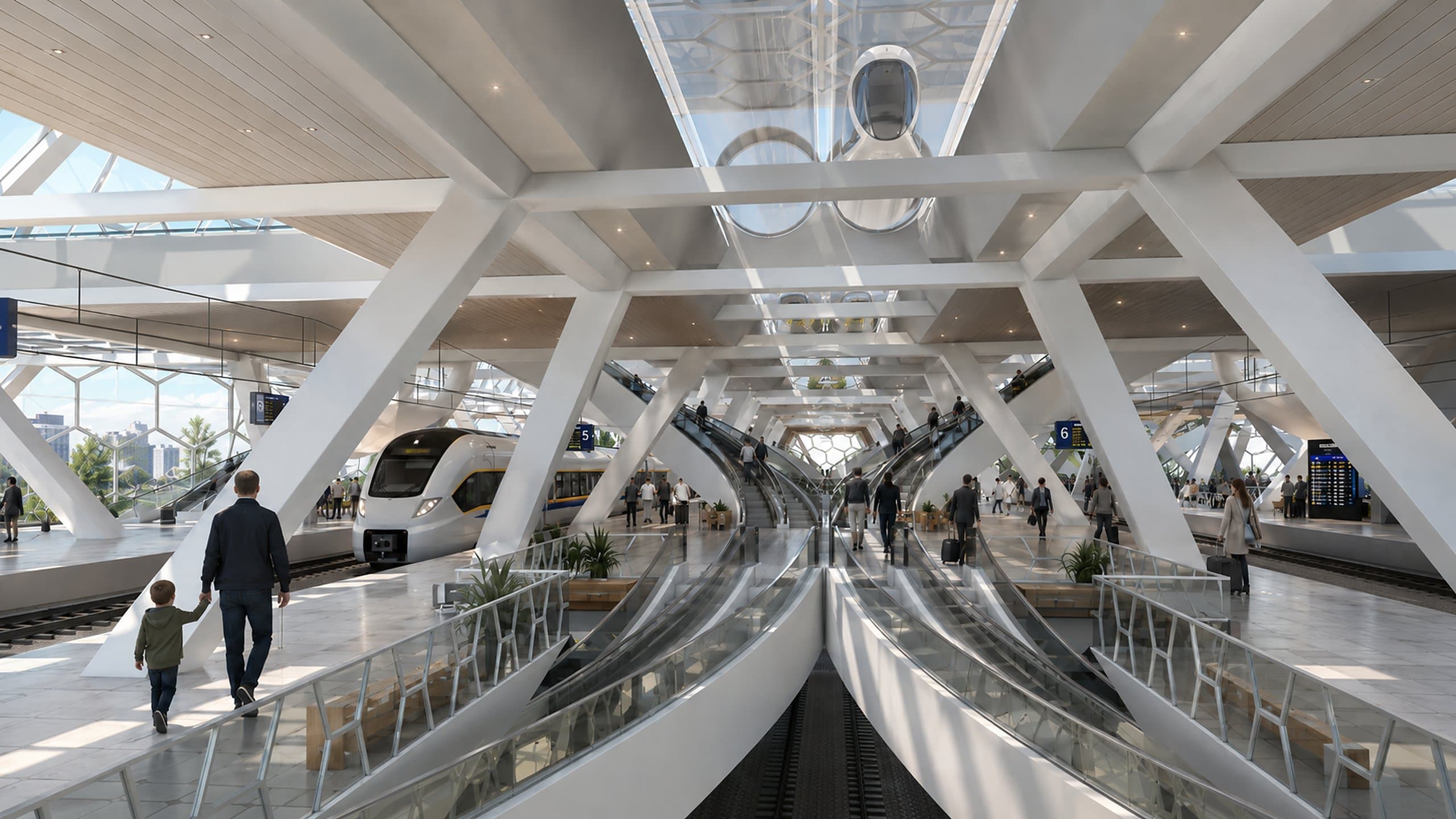 Impressie van het HyperHub-station: symmetrische roltrappenpartij tussen de treinperrons onder het witte hexagonale ruimtevakwerk, met een hyperloopcapsule in de buis erboven