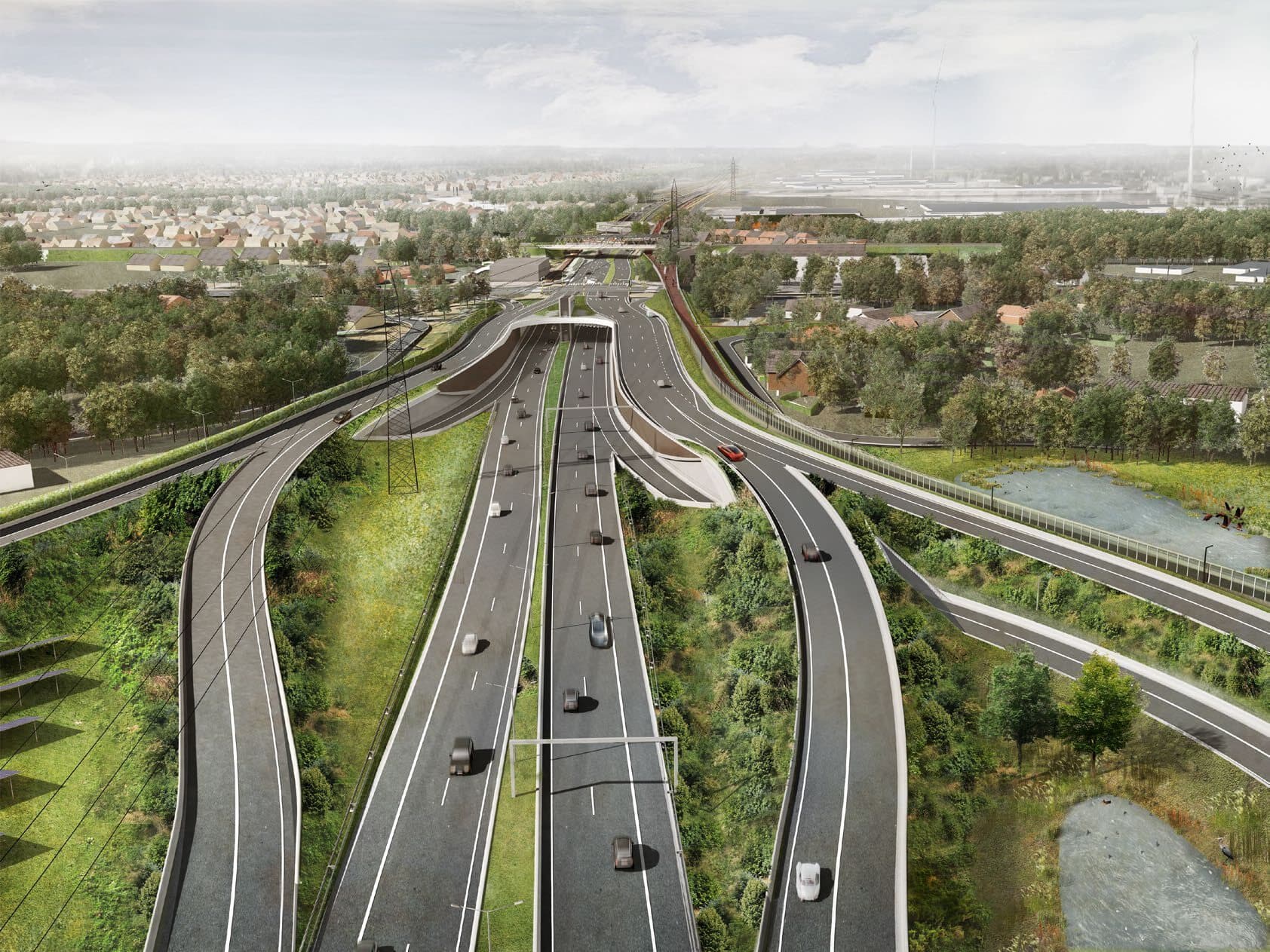 Render van het geoptimaliseerde verkeersknooppunt W9 bij Gent, landschappelijk ingepast met groene taluds
