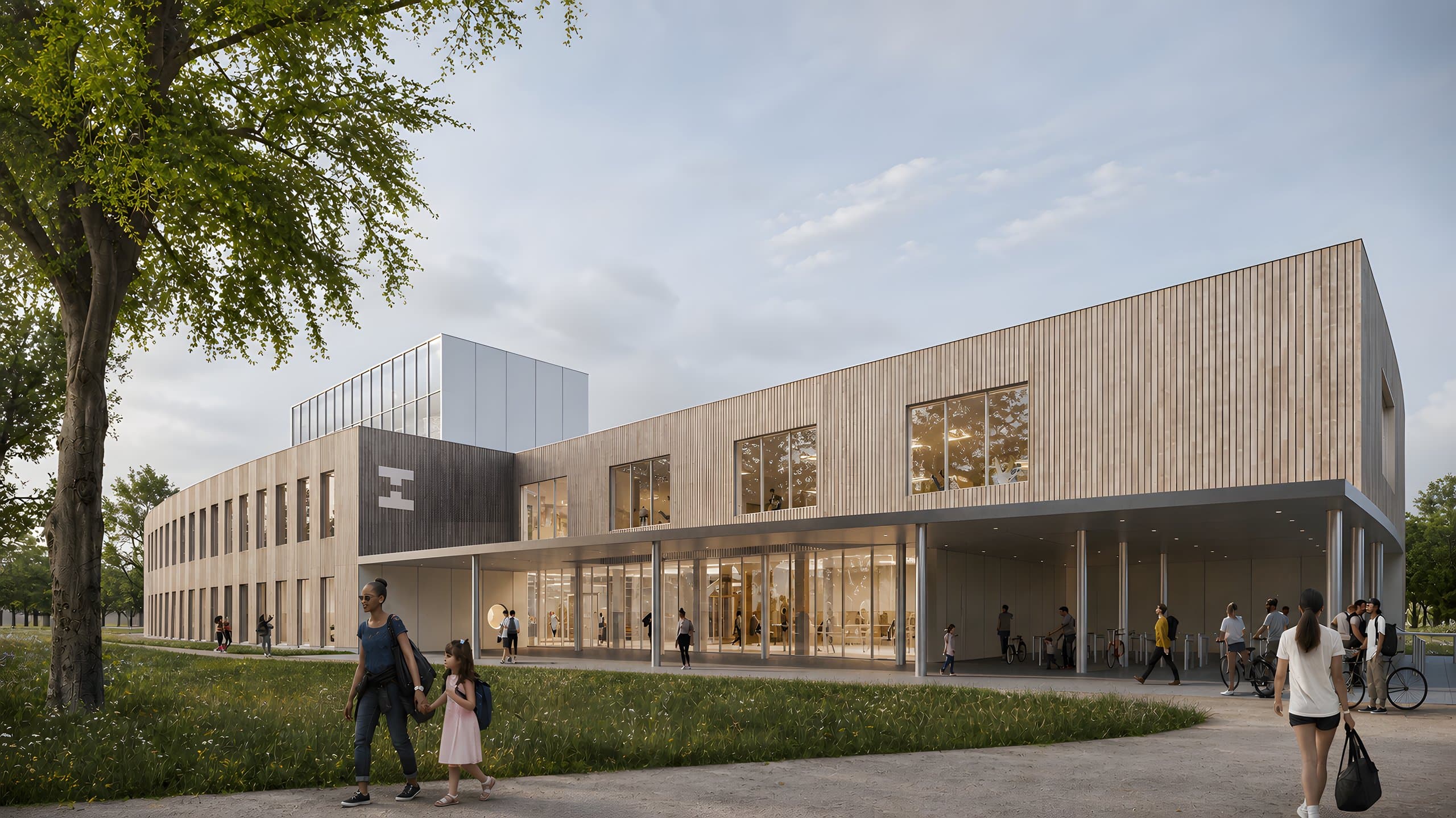 Render van het sportcomplex in Turnhout met houten lamellengevel, de entree onder een brede luifel en het Stadspark op de voorgrond