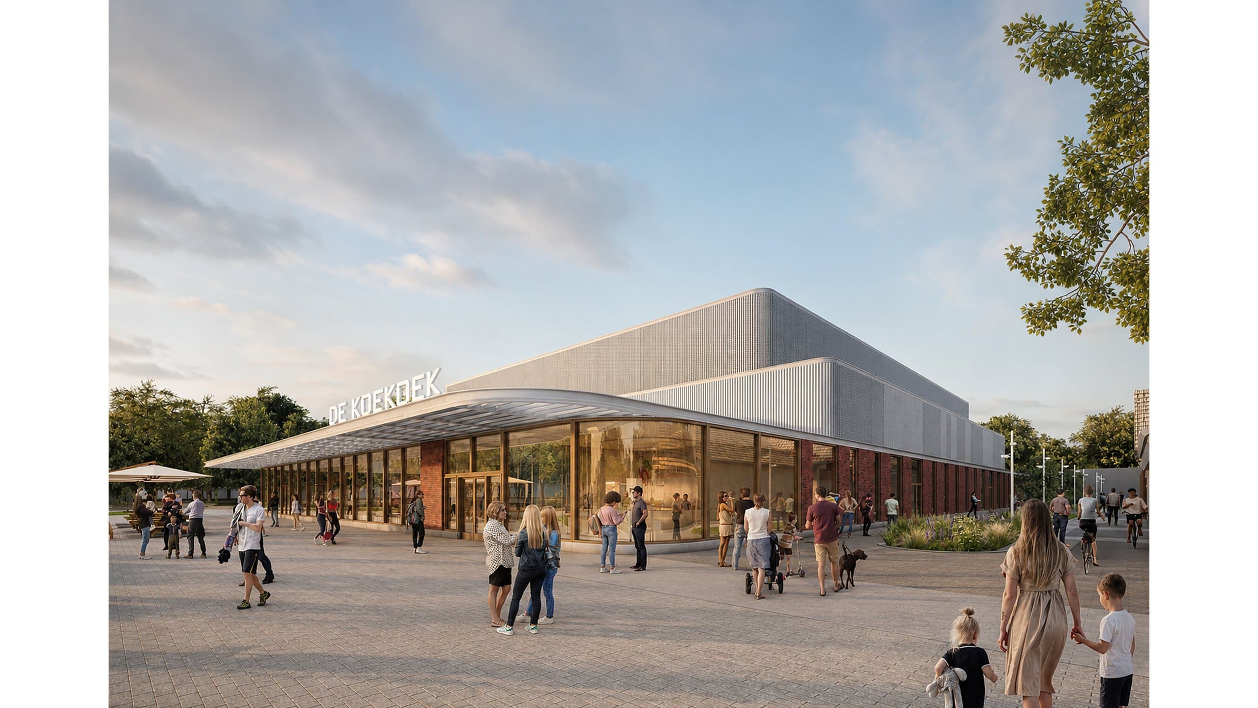 Fotorealistische impressie van de entree van sporthal De Koekoek: gebogen glazen hoek onder de luifel, met de naam op de gevel en bezoekers op het plein